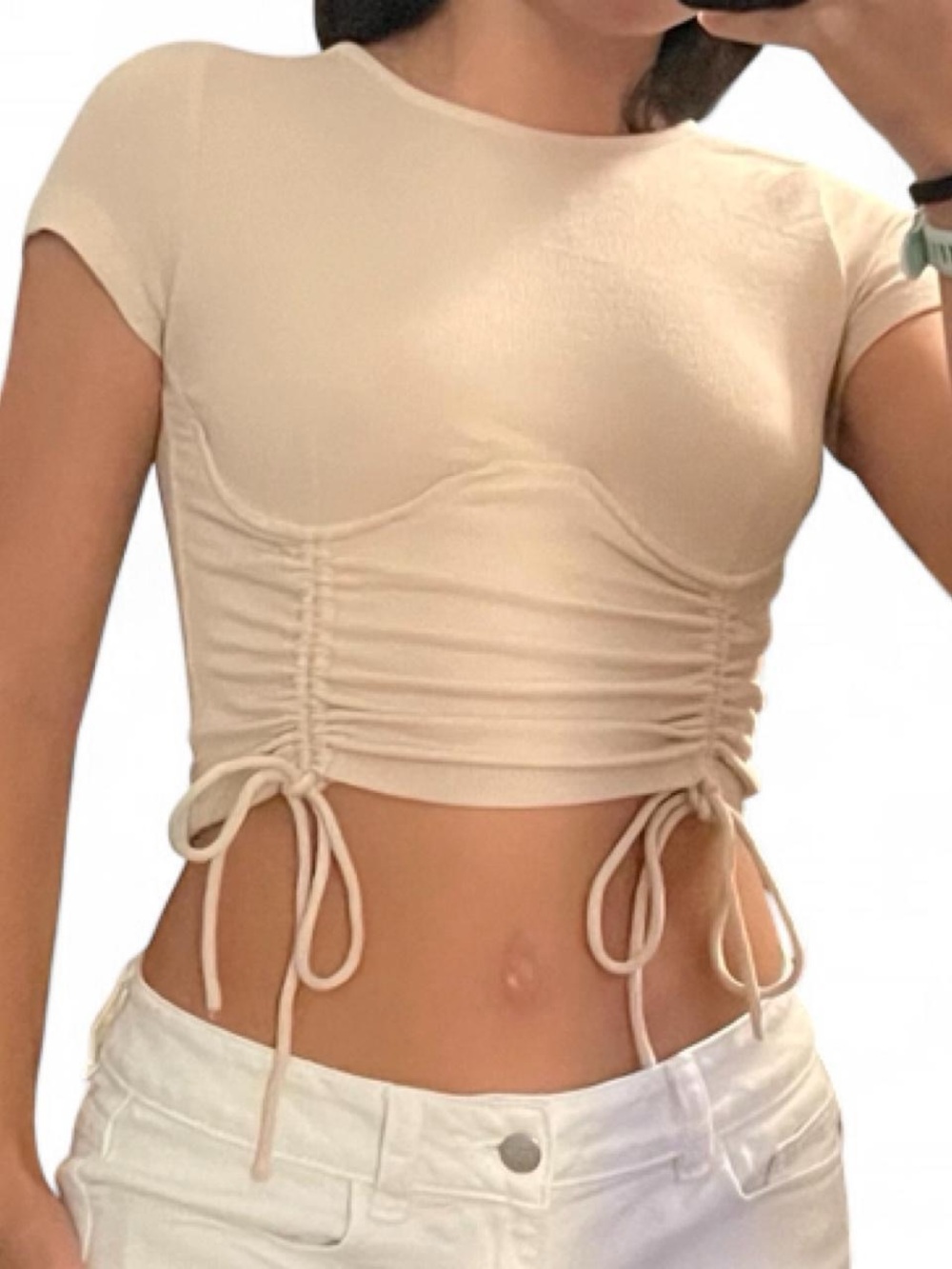 Ruched Tie-Side Crop Top in Cream